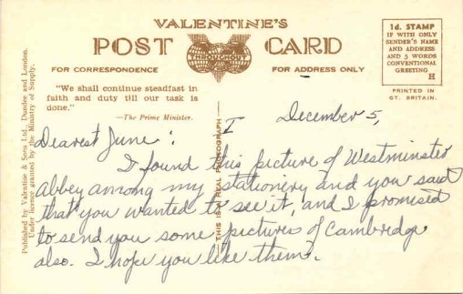 note on Westminster Abbey postcard