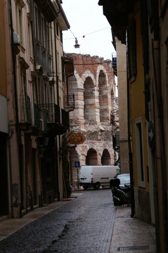 looking down a street to the Arena