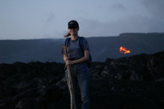 Sally with lava in the background